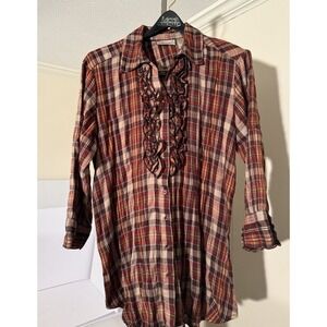 Womens Plaid Flannel Button Up Tunic M‎ Reds & Browns Ruffles Western Preppy
